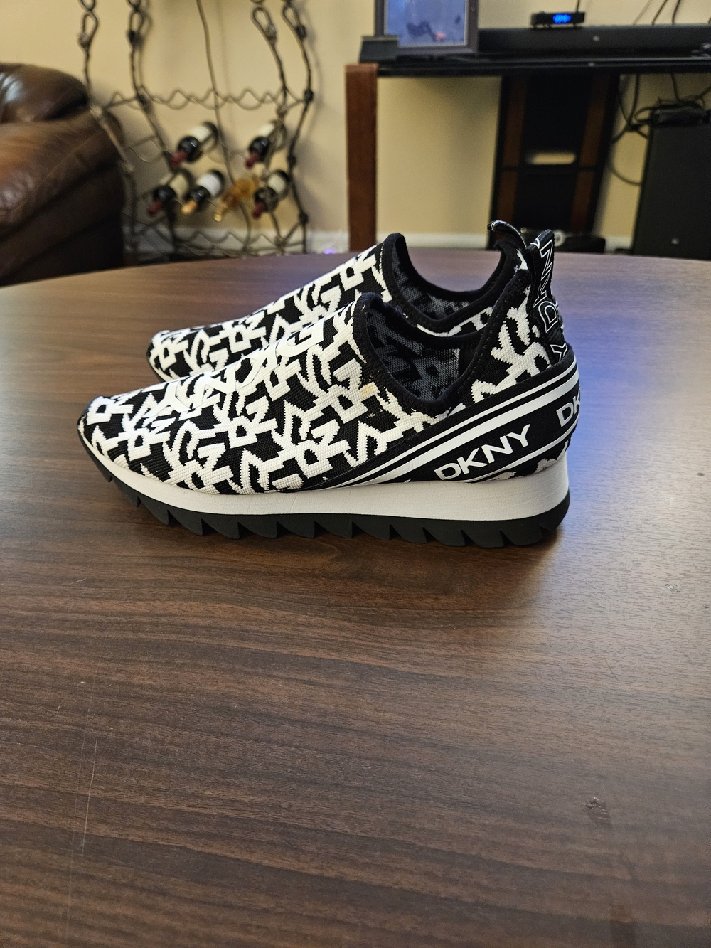 DKNY Black & White Logo Knit Slip-On Platform Sneakers